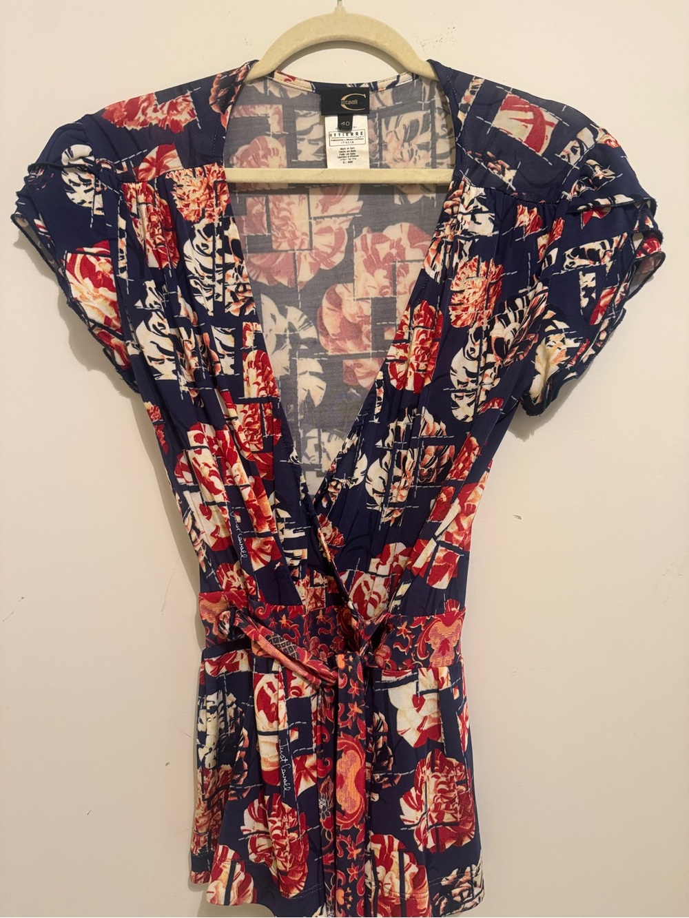 Just Cavalli Wrap Top Sheer Navy Red and Cream Floral Print